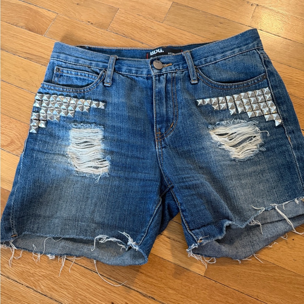 BDG Distressed Blue Jean Shorts with Silver Studs